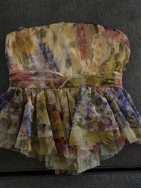 Express Floral Strapless Peplum Top in Olive Green, Purple, Pink